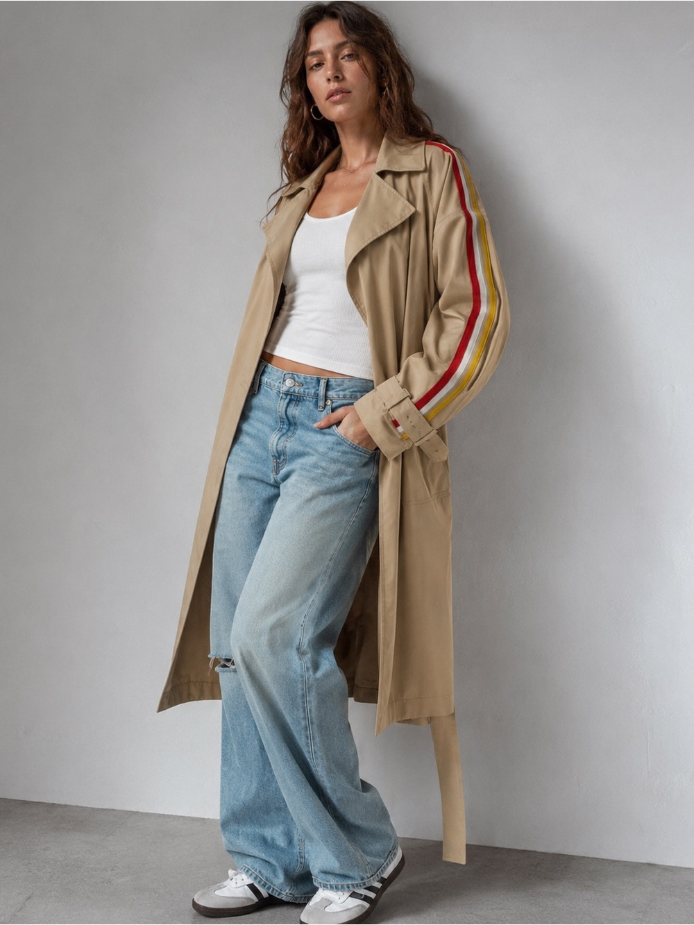 Zara TRF Beige Striped Belted Beige Trench Coat Utility Streetwear Duster Jacket